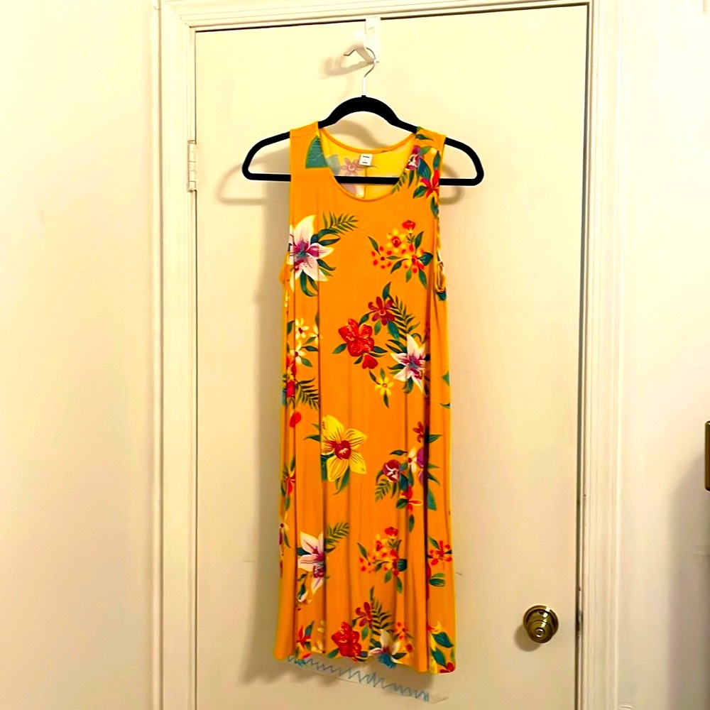 Warm Yellow Tropical Flower Knit Swing Dress Sleeveless, Size L